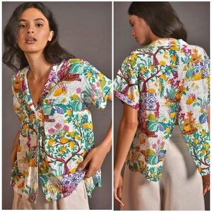 Maeve Surf Shirt Linen Blend Novelty Lemon Tropical Print Button Down Size SP